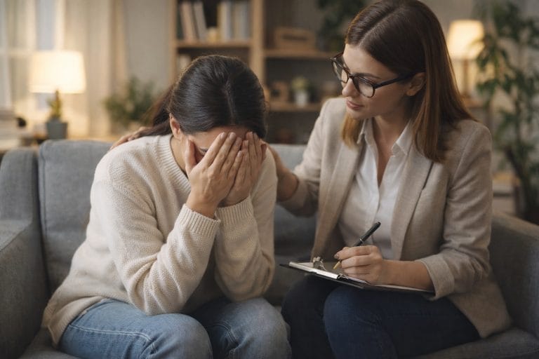 psiholog oferă sprijin într-un cabinet calm – gestionarea atacurilor de panică
